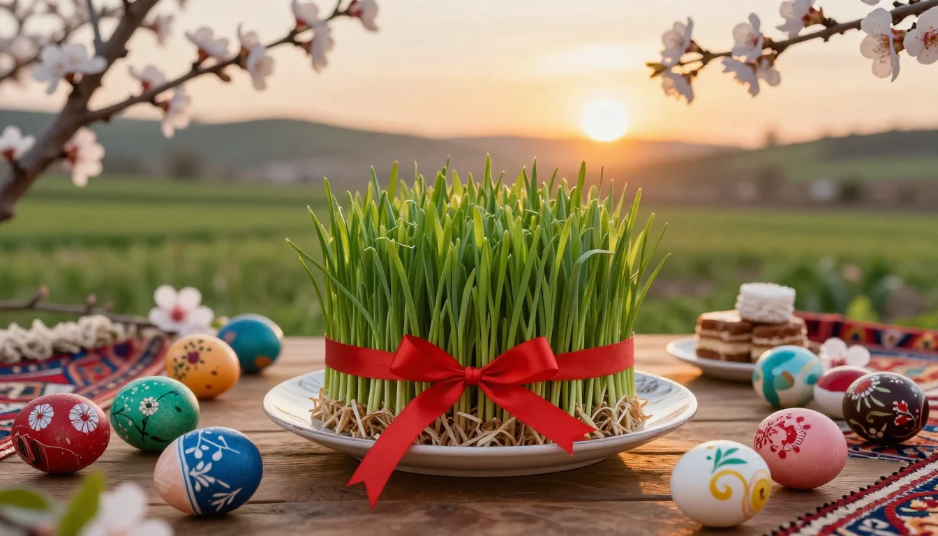 A lush and vibrant scene celebrating the spring equinox. In ...