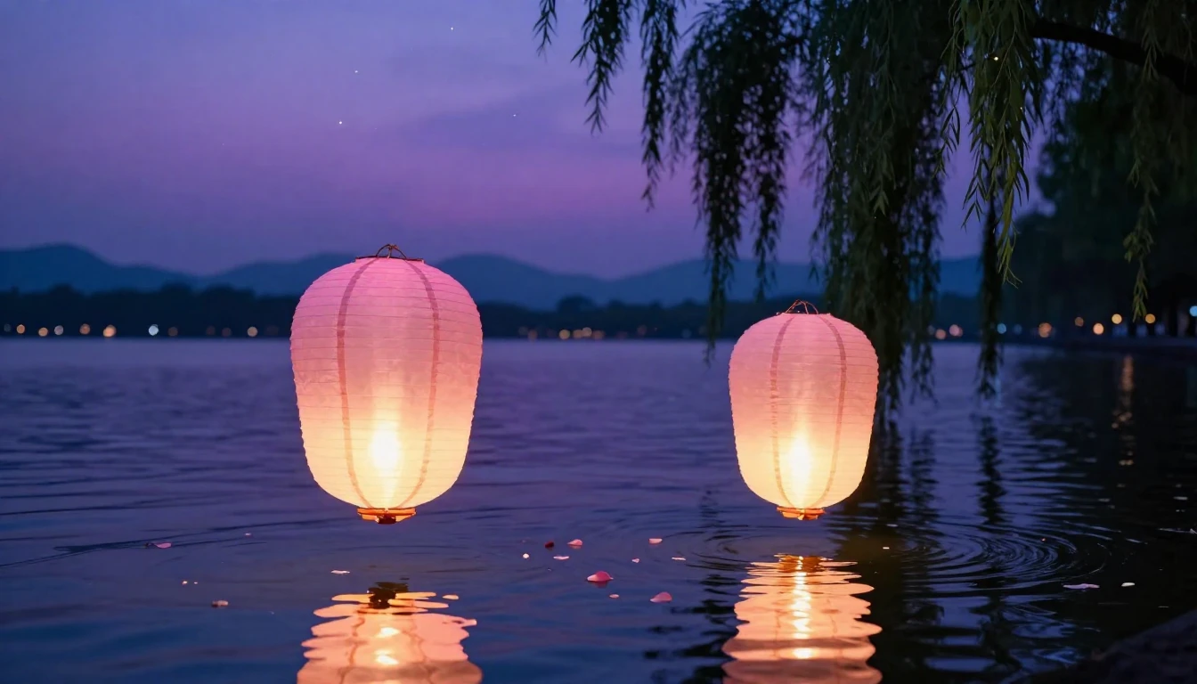 A beautiful and romantic scene featuring two glowing paper l...