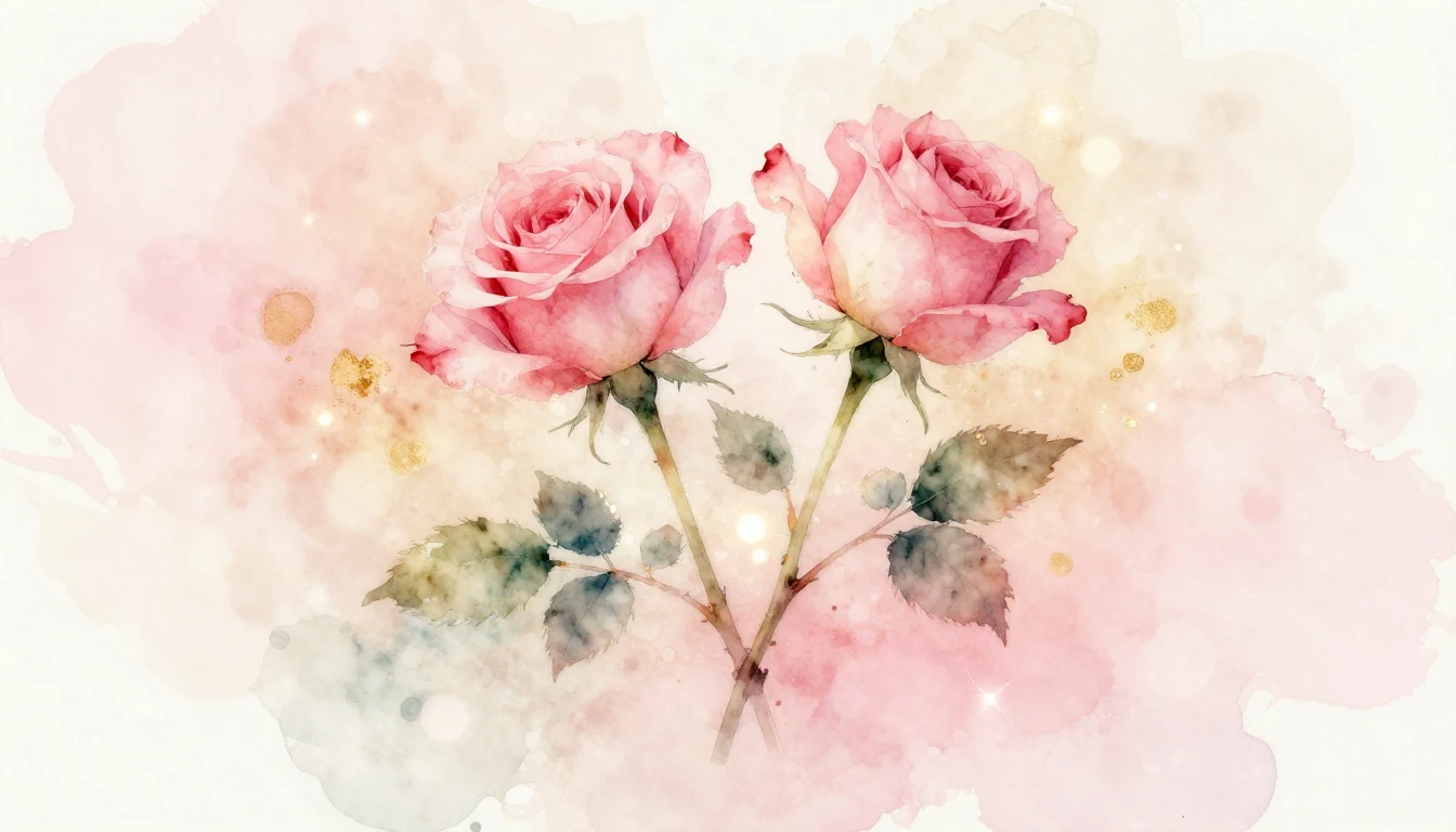 A delicate watercolor painting of two intertwined rose stems...