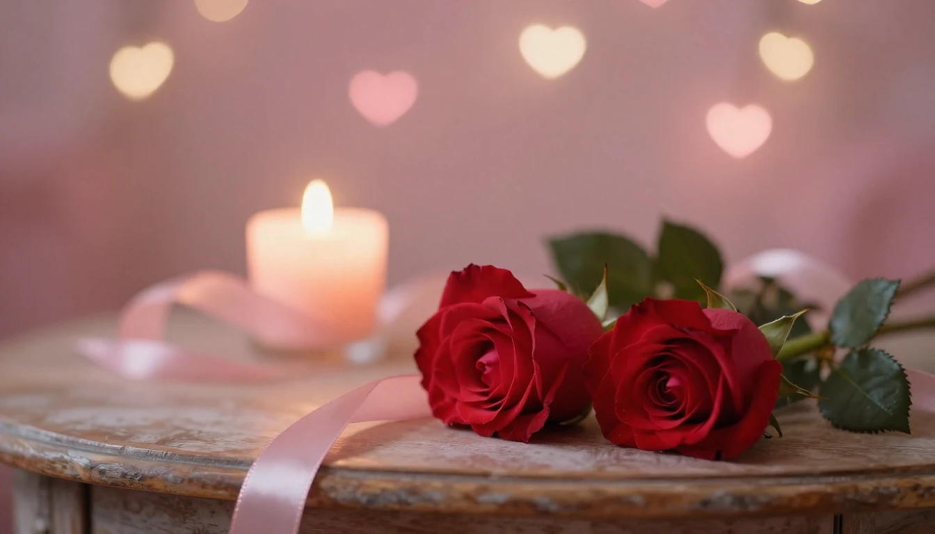 A soft and ethereal scene featuring two delicate red roses r...