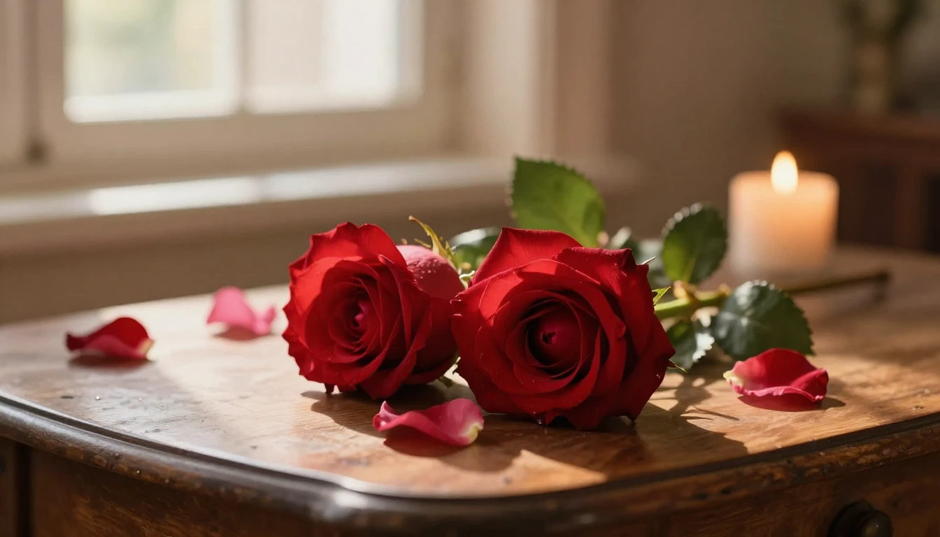 A beautiful and delicate scene featuring two intertwined red...