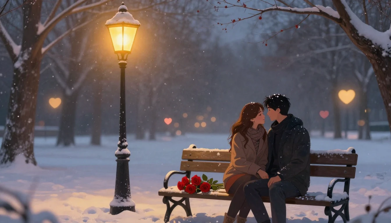 A romantic illustration of a couple sitting on a bench in a ...