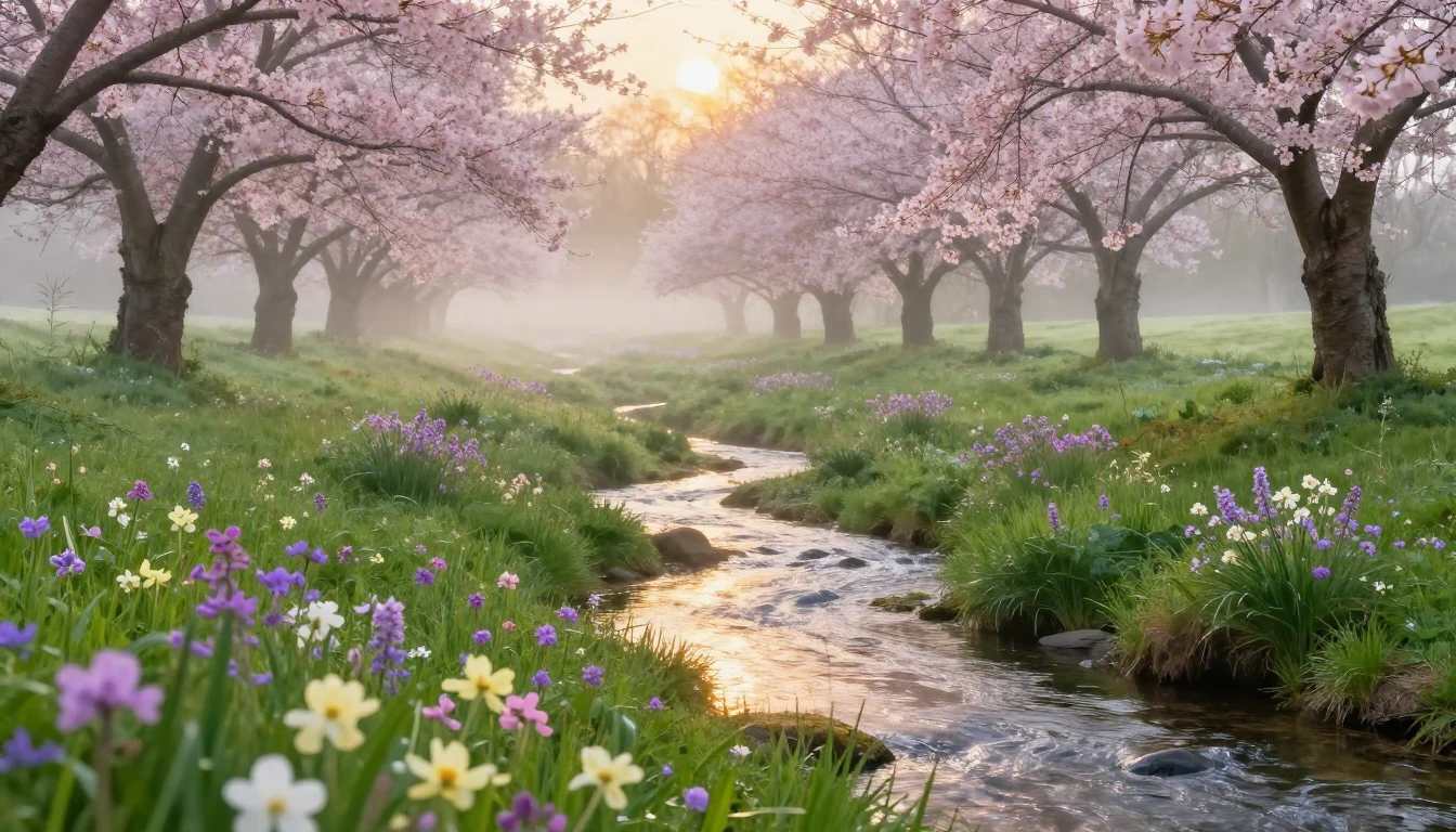 A breathtaking landscape of a lush green meadow at dawn. Del...