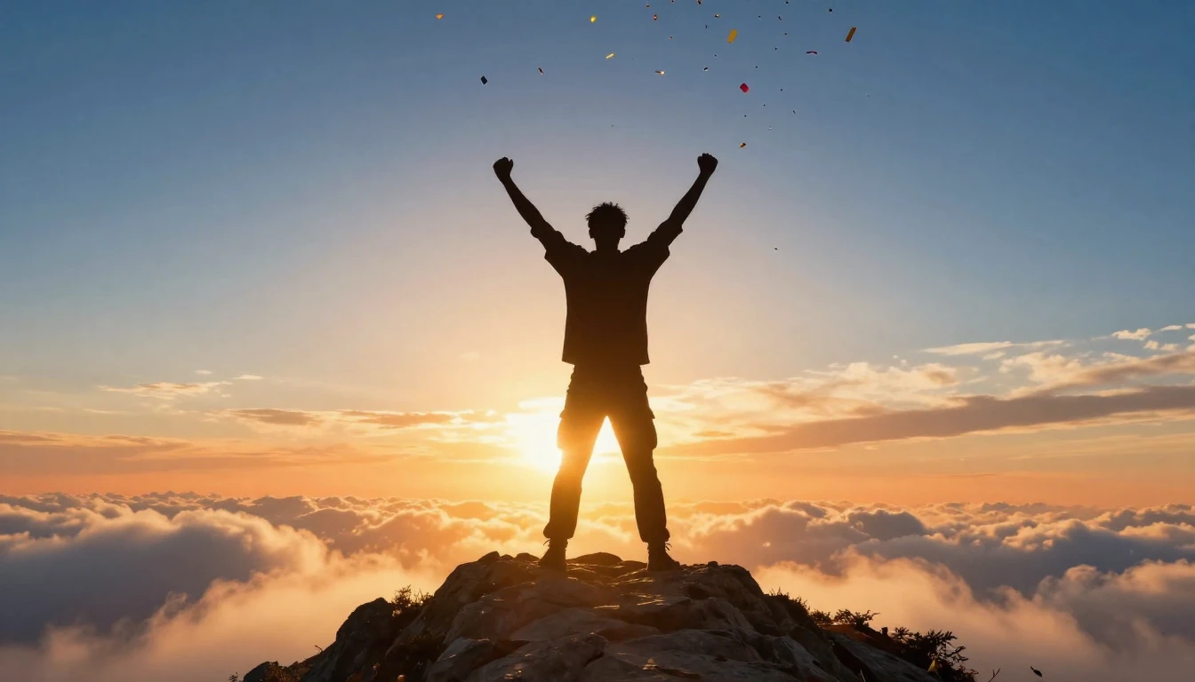 A triumphant concept art of a silhouette standing on a high ...