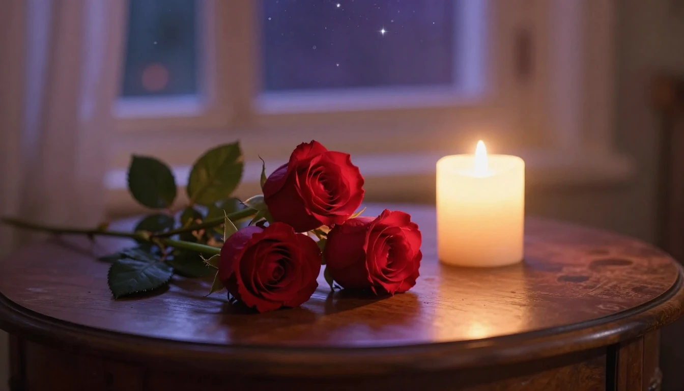 A dreamy and romantic scene featuring two delicate red roses...