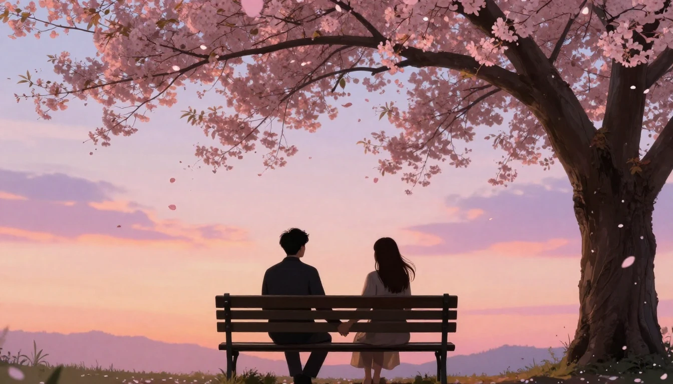 A romantic scene featuring two silhouettes of a couple holdi...