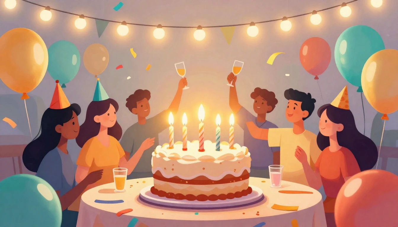 A vibrant digital art illustration depicting a lively birthd...