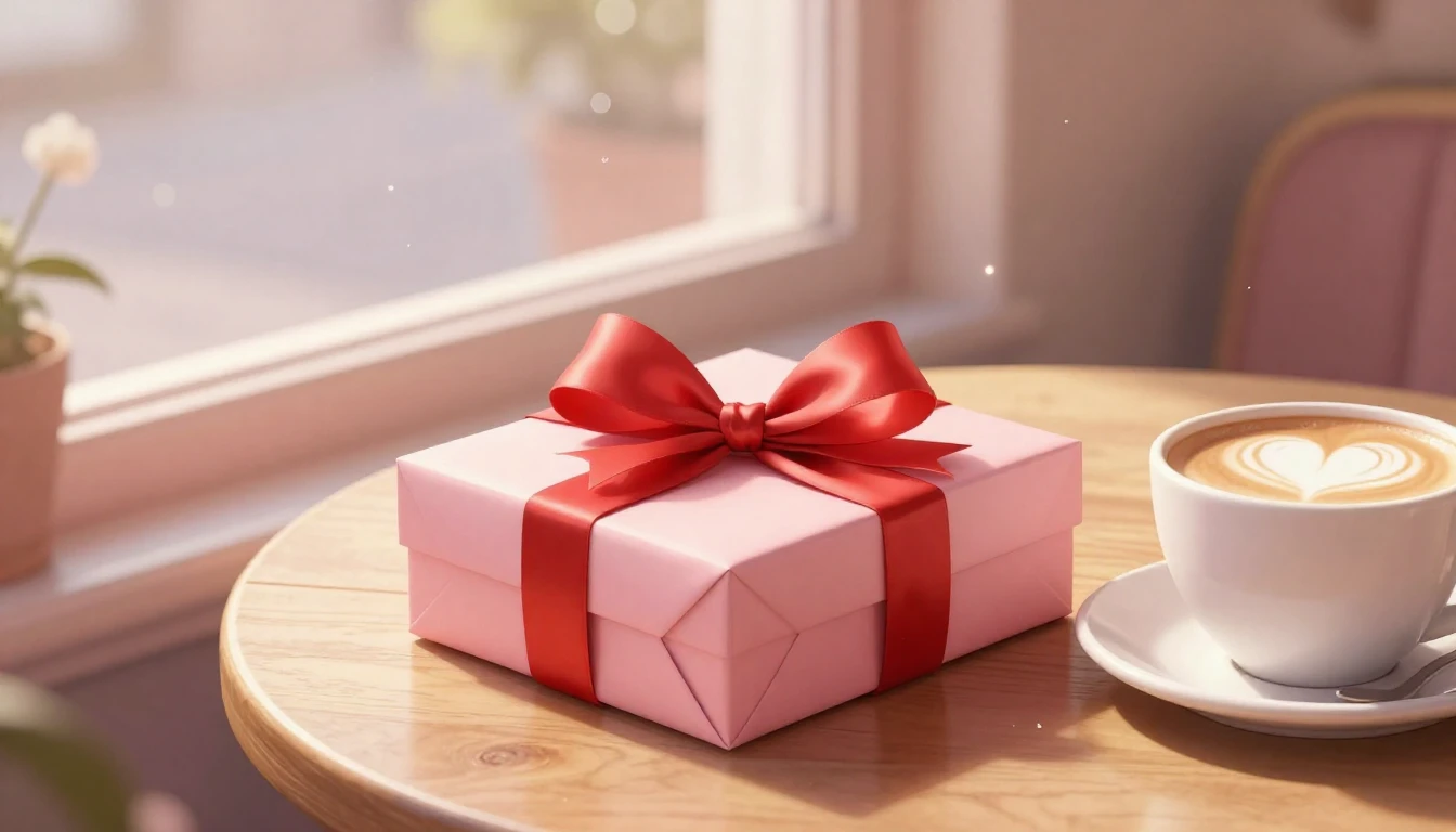 A heartwarming Valentine's Day scene in a cozy cafe setting....