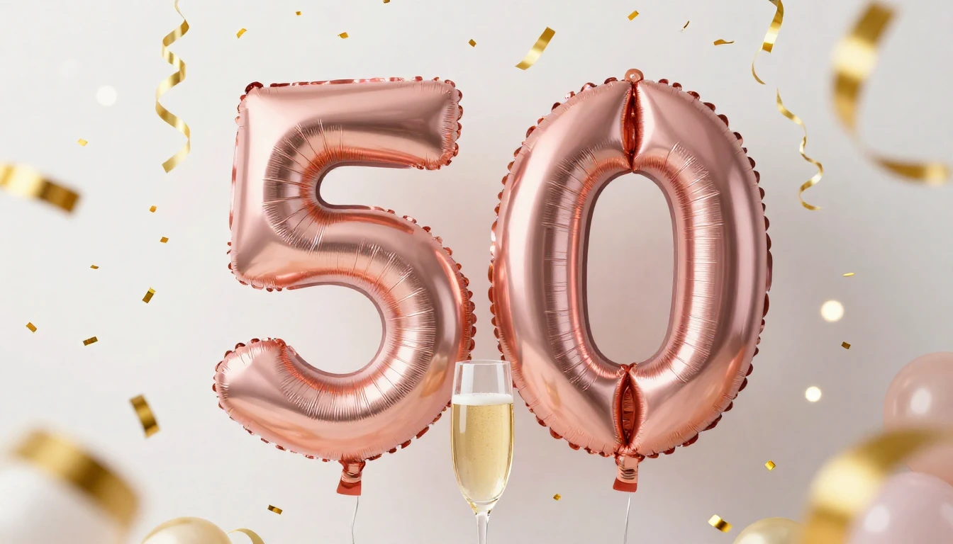 A vibrant and celebratory digital art composition for a 50th...