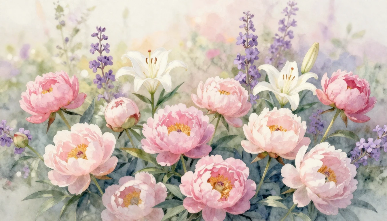 A delicate watercolor painting of a blooming garden filled w...