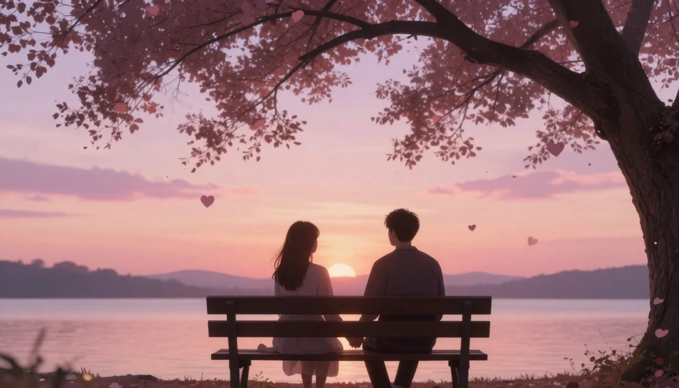 A romantic and soft composition featuring two silhouettes ho...