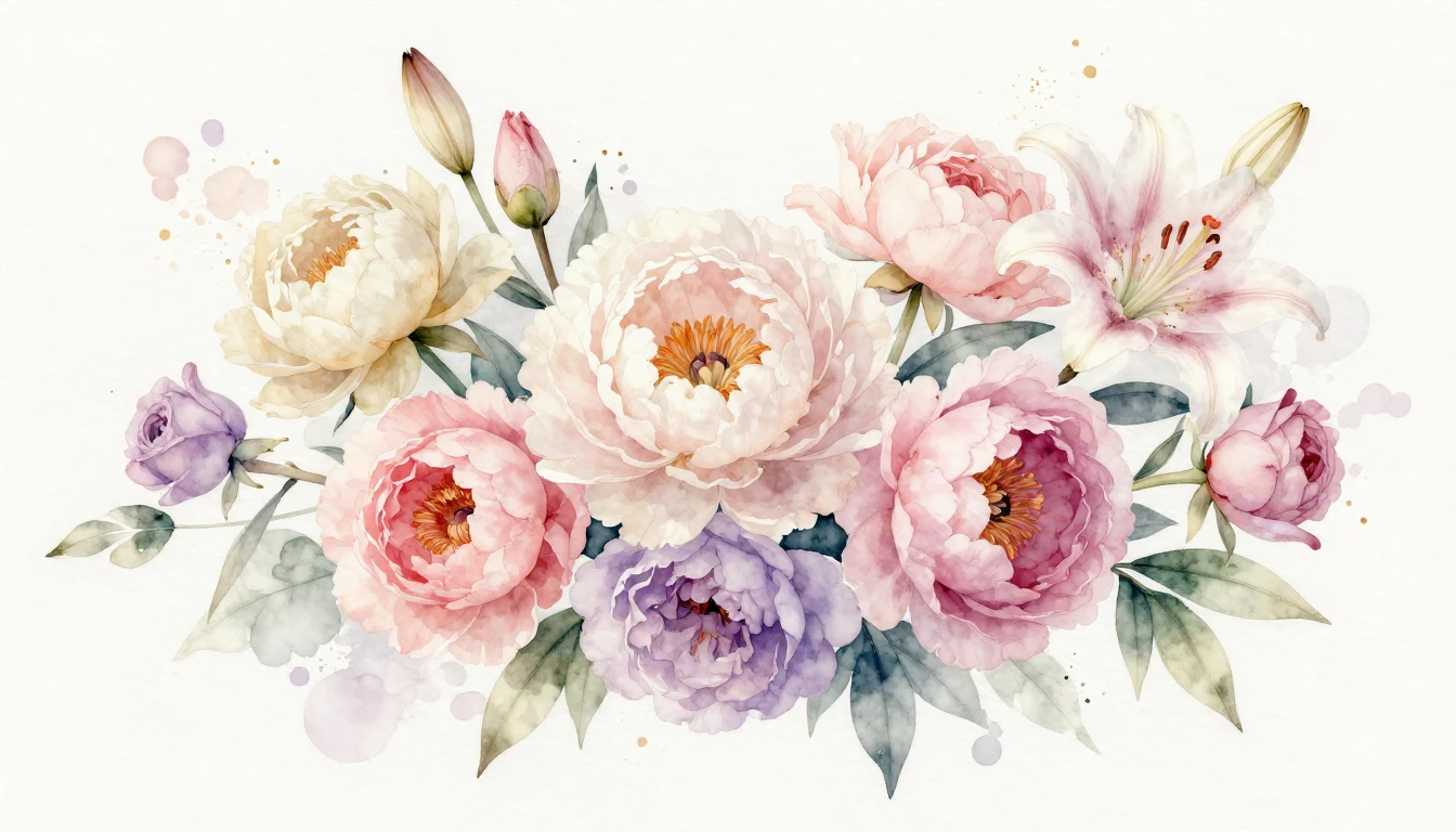 A beautiful and delicate watercolor painting featuring a var...