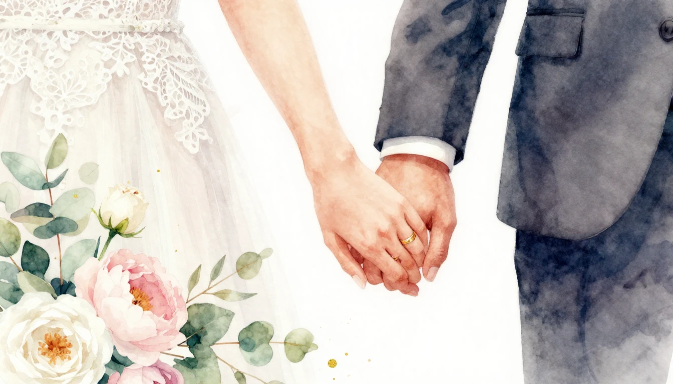 A romantic and soft watercolor illustration of a bride and g...