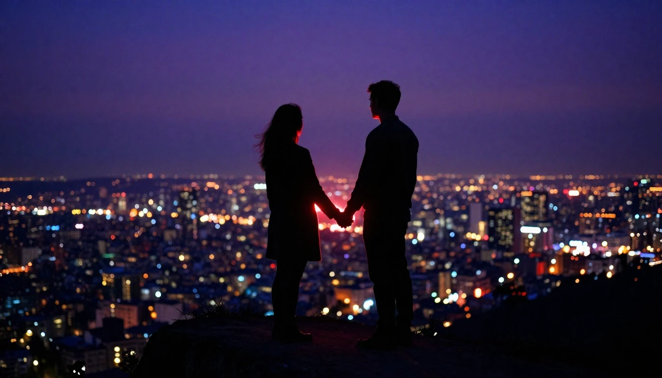 A romantic cinematic shot of a couple standing on a cliff ed...