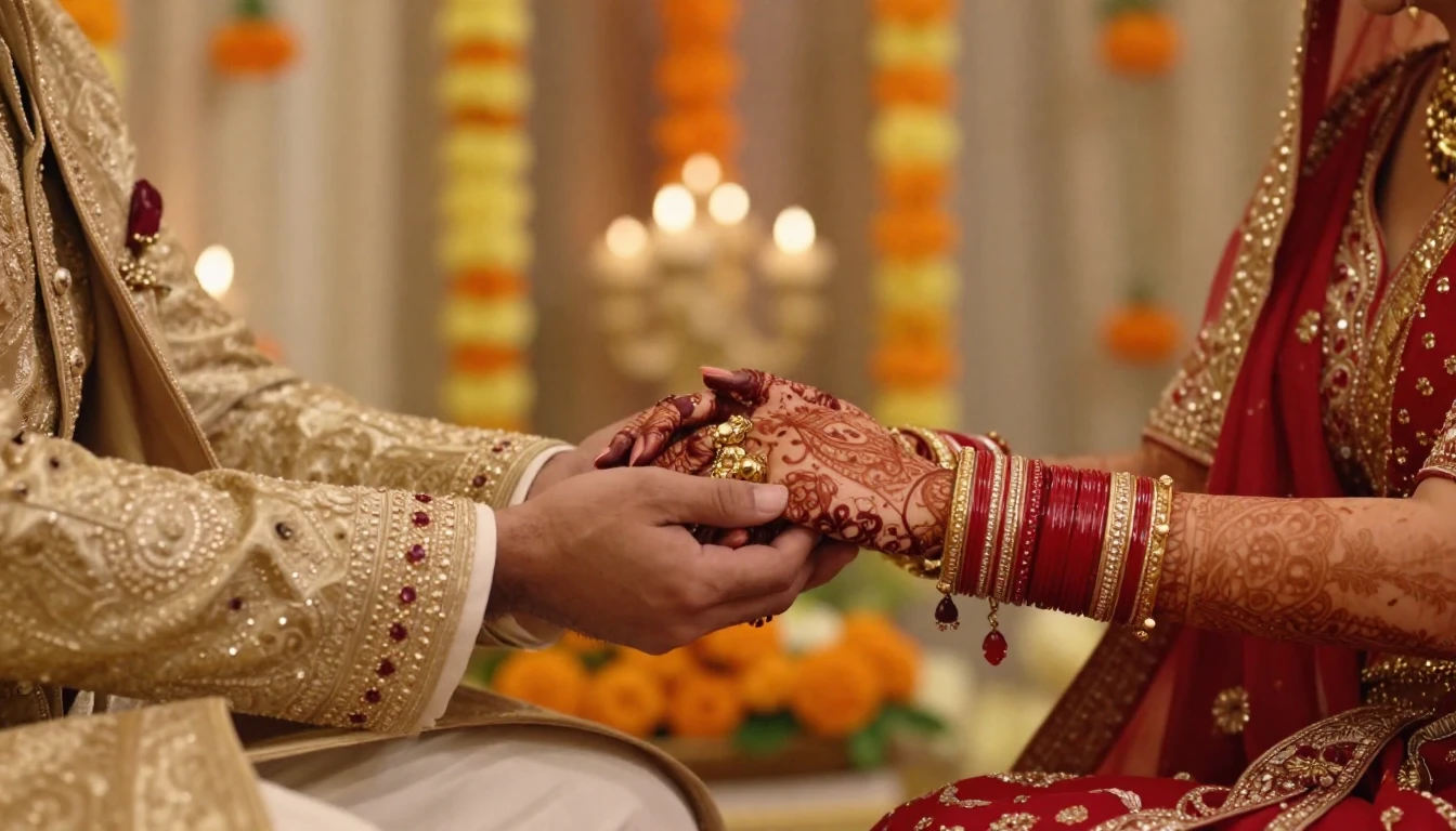 A cinematic close-up shot of a newlywed Indian couple holdin...