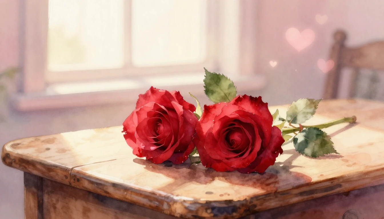 A delicate watercolor painting of two intertwined red roses ...