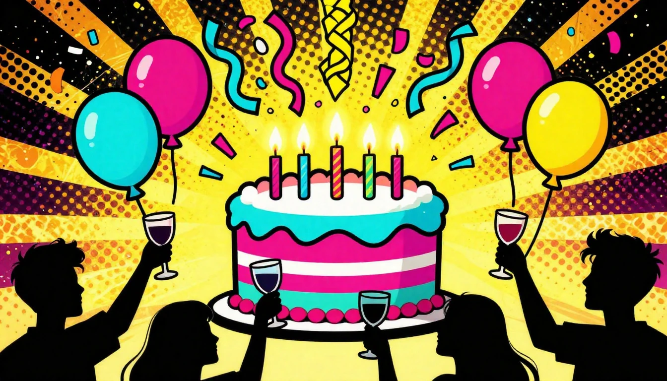 A vibrant and energetic Pop Art illustration celebrating a b...