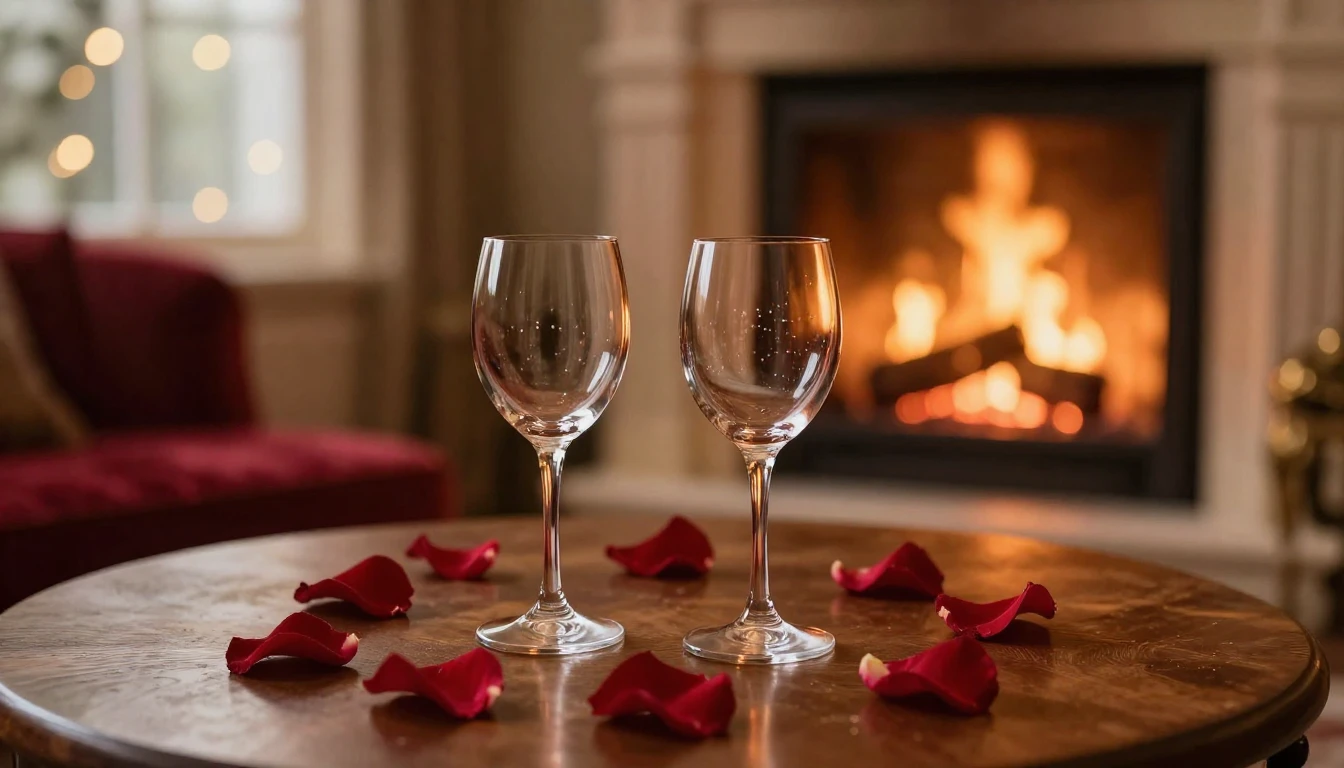 A serene and romantic scene featuring two elegant glasses on...