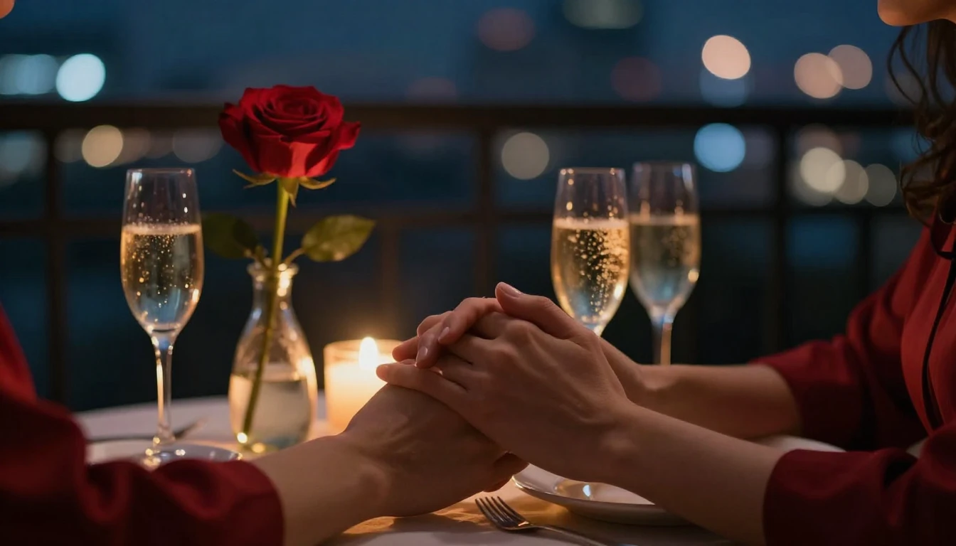 A romantic close-up scene of two hands holding each other ge...