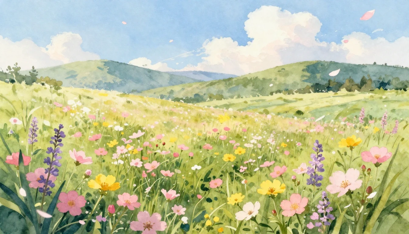 A beautiful watercolor painting of a lush spring meadow fill...
