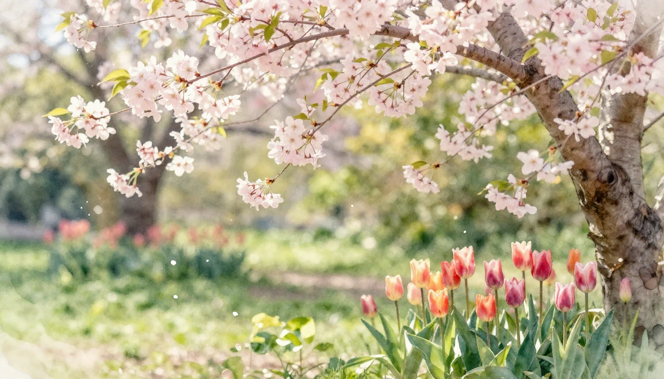 A lush spring garden in full bloom with soft pastel colors. ...