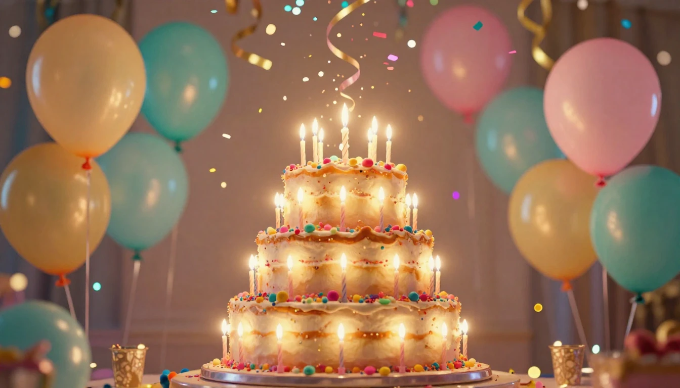 A vibrant and festive scene featuring a large, multi-tiered ...