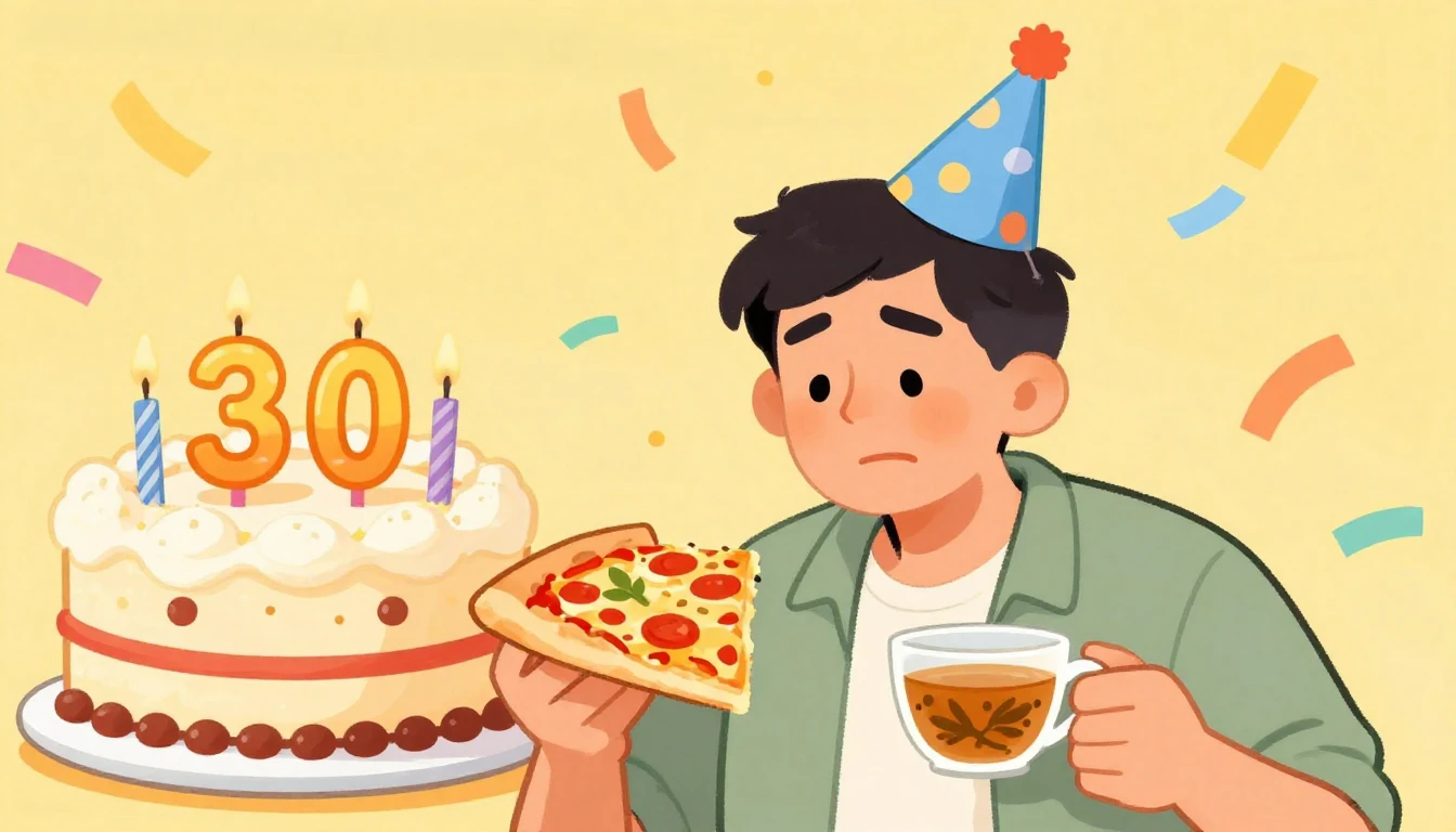 A humorous illustration of a birthday party for a 30-year-ol...