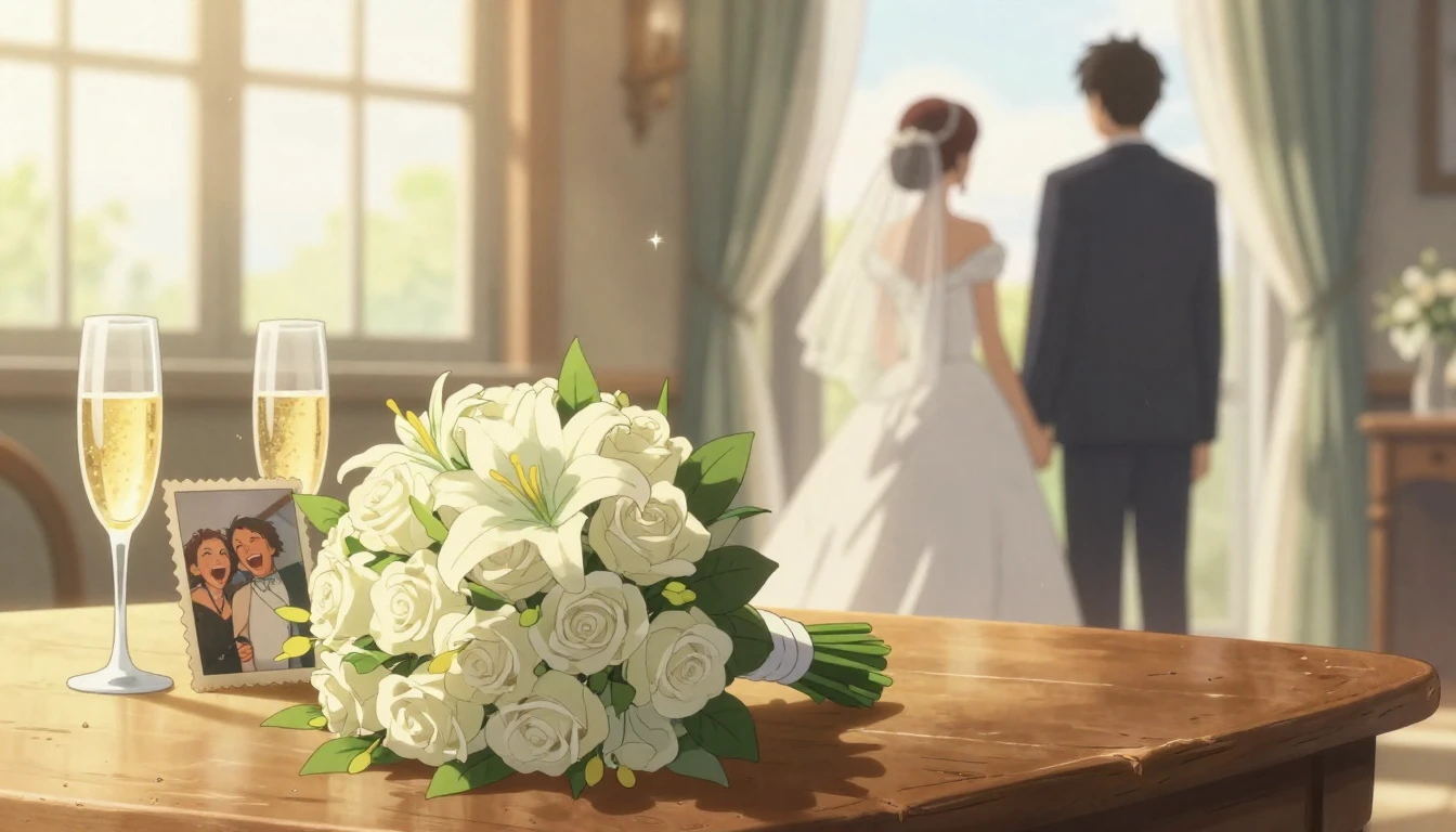 A sentimental anime-style illustration focusing on a wedding...