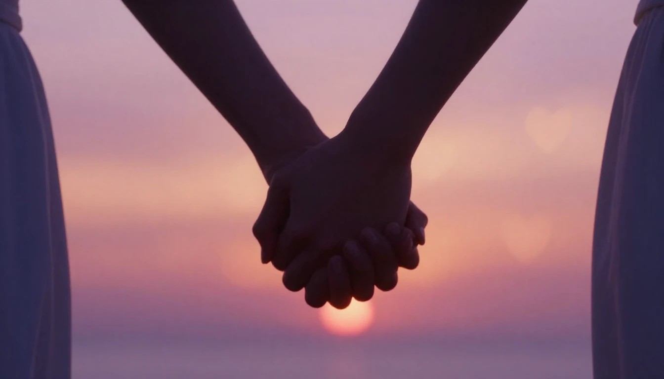 A cinematic close-up shot of a couple holding hands against ...