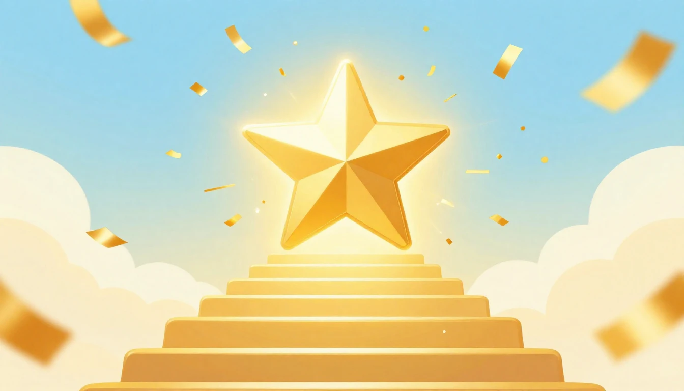 A bright and cheerful illustration of a golden staircase lea...