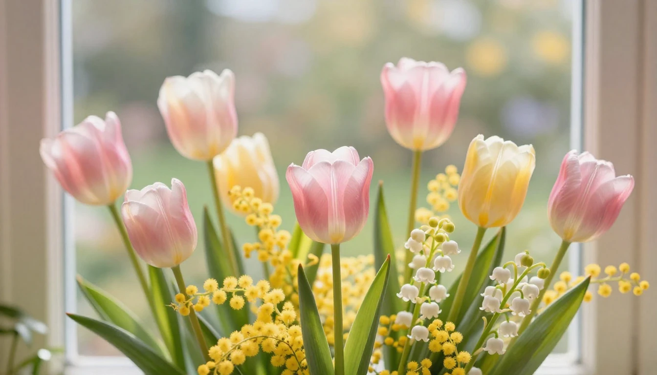 A beautiful and delicate composition of spring flowers like ...