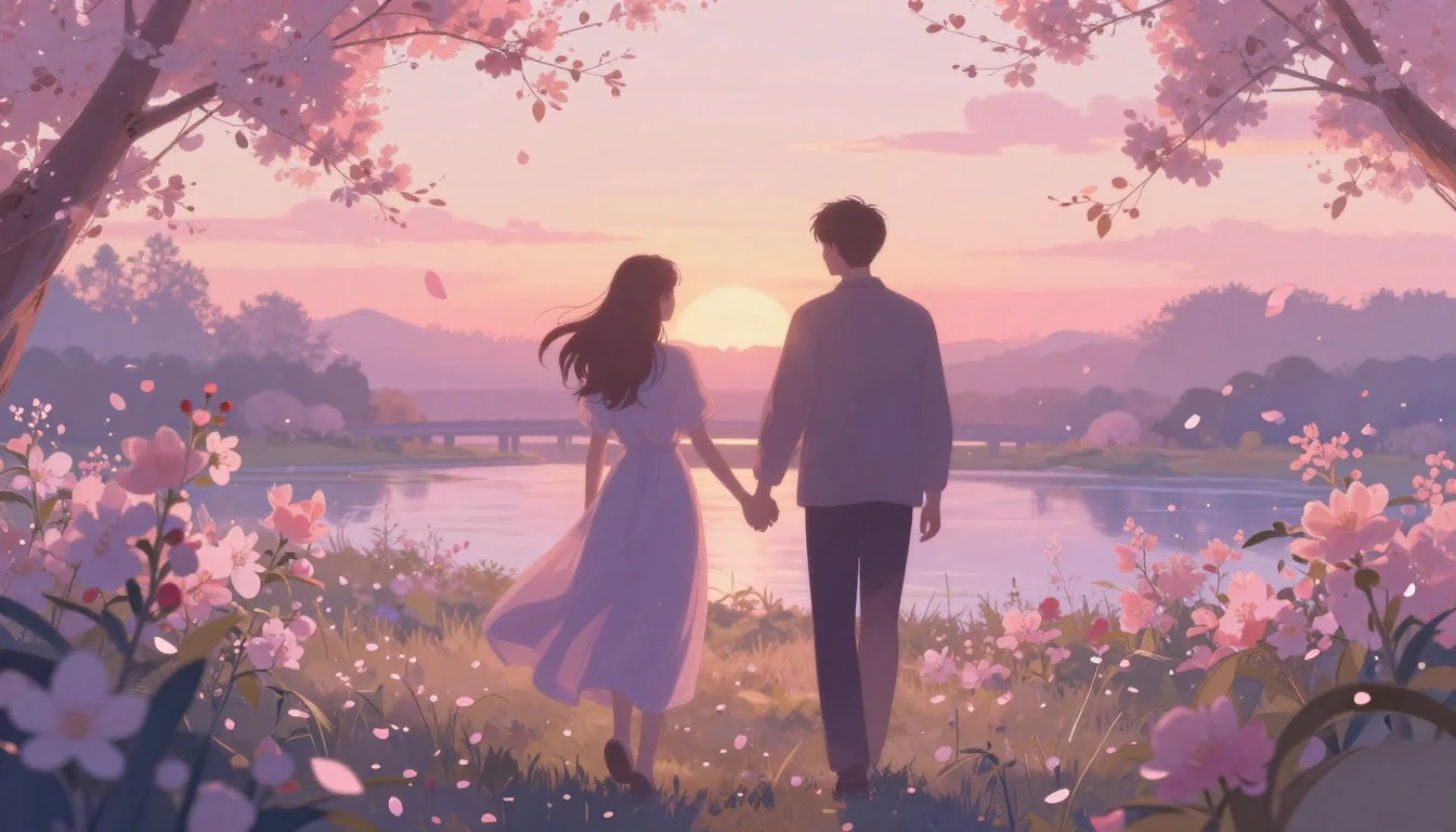 A soft and ethereal scene depicting two silhouettes walking ...