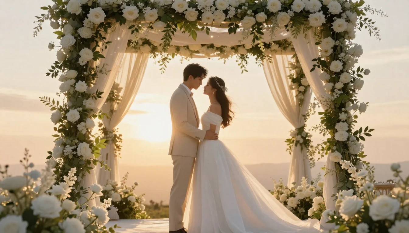 A romantic and dreamy digital artwork featuring a bride and ...