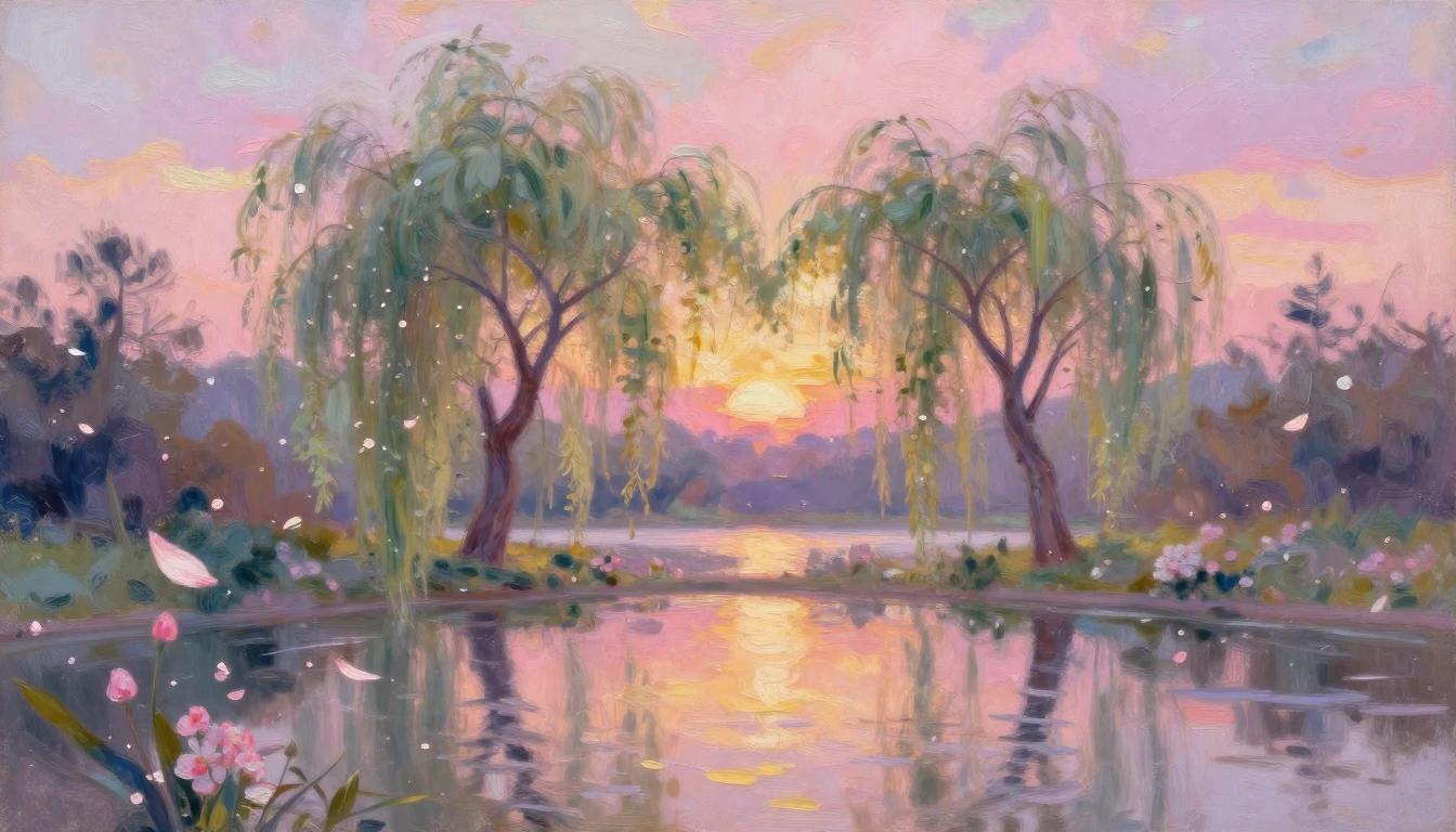 An impressionist painting of a serene garden at sunset. Soft...