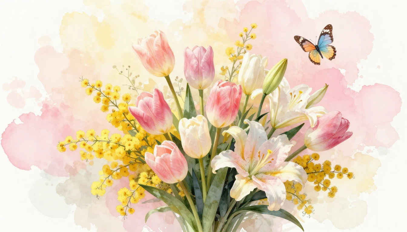 A beautiful bouquet of spring flowers including tulips, mimo...