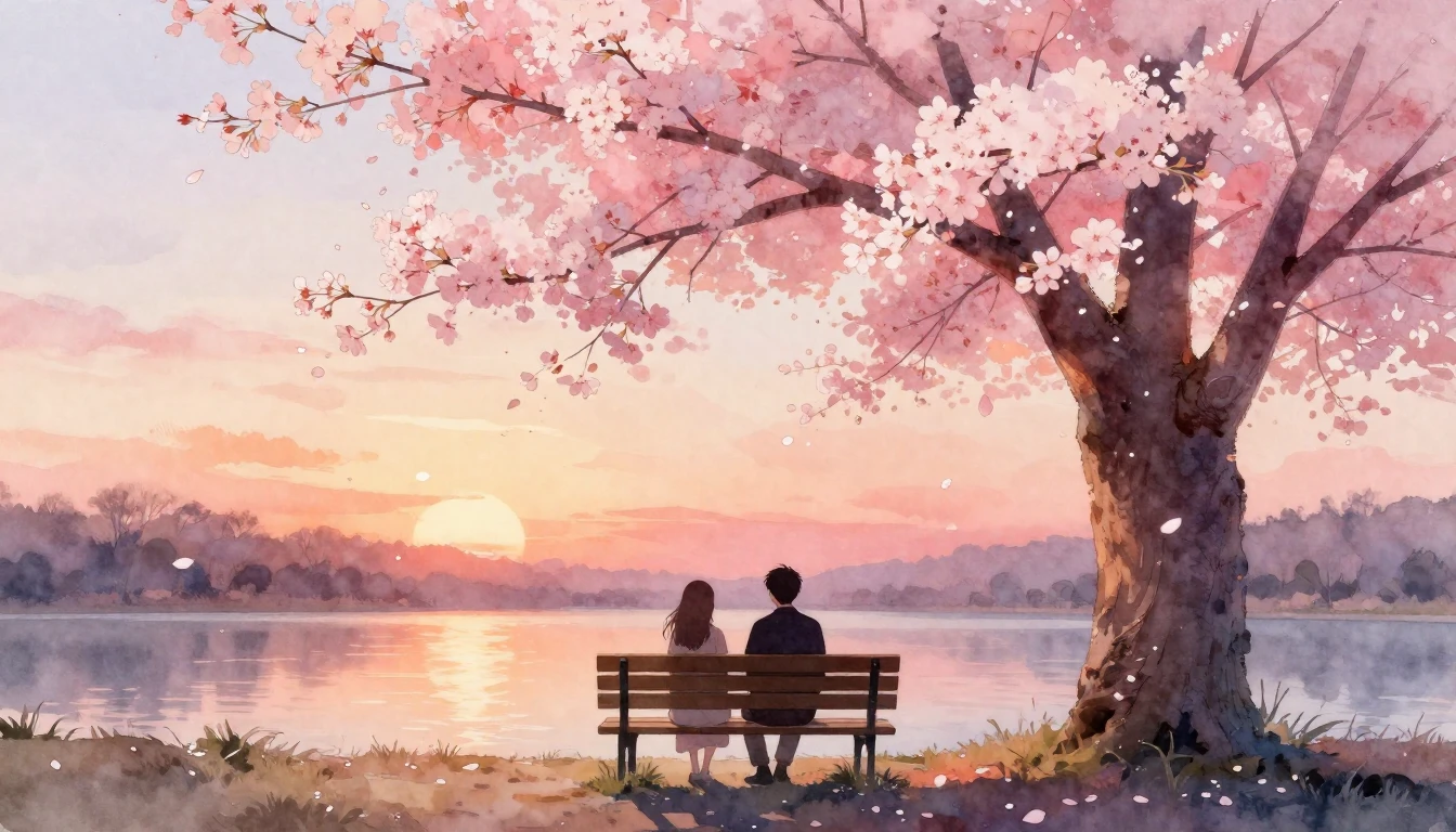 A beautiful watercolor painting of two silhouettes sitting o...