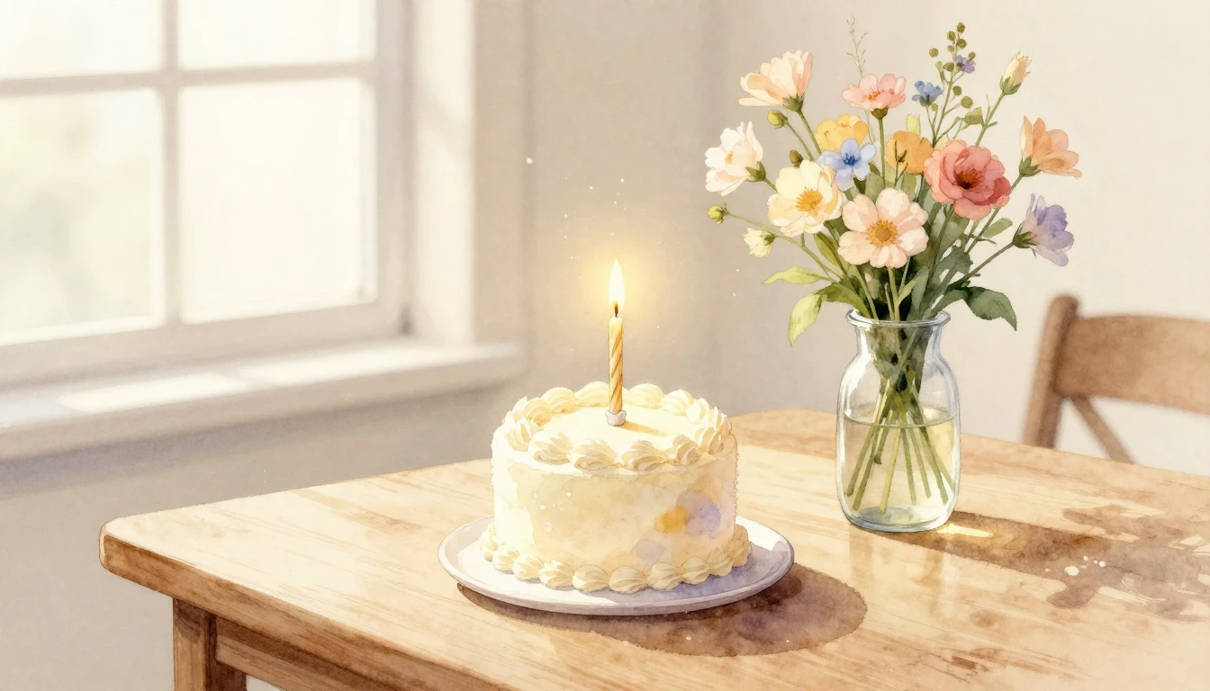 A delicate watercolor painting of a small, elegant birthday ...