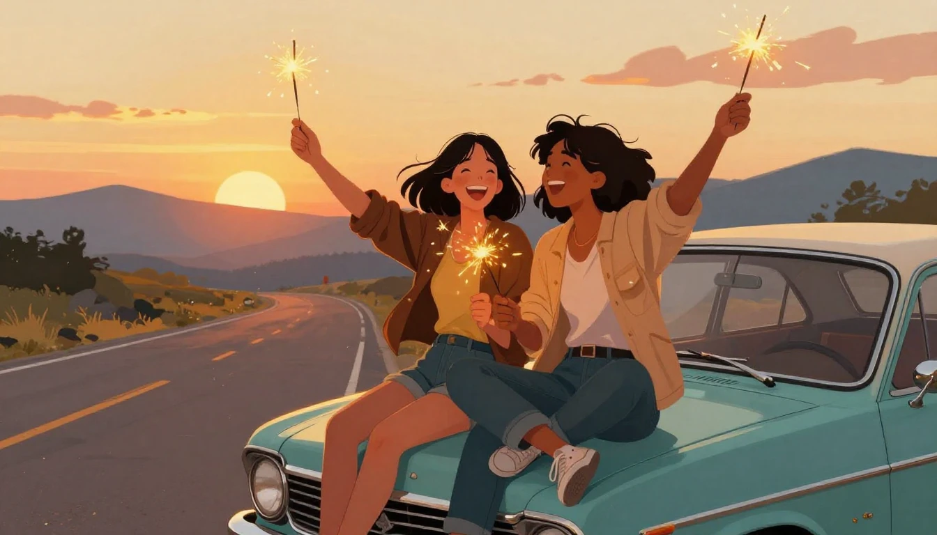 A nostalgic and warm illustration of two best friends sittin...