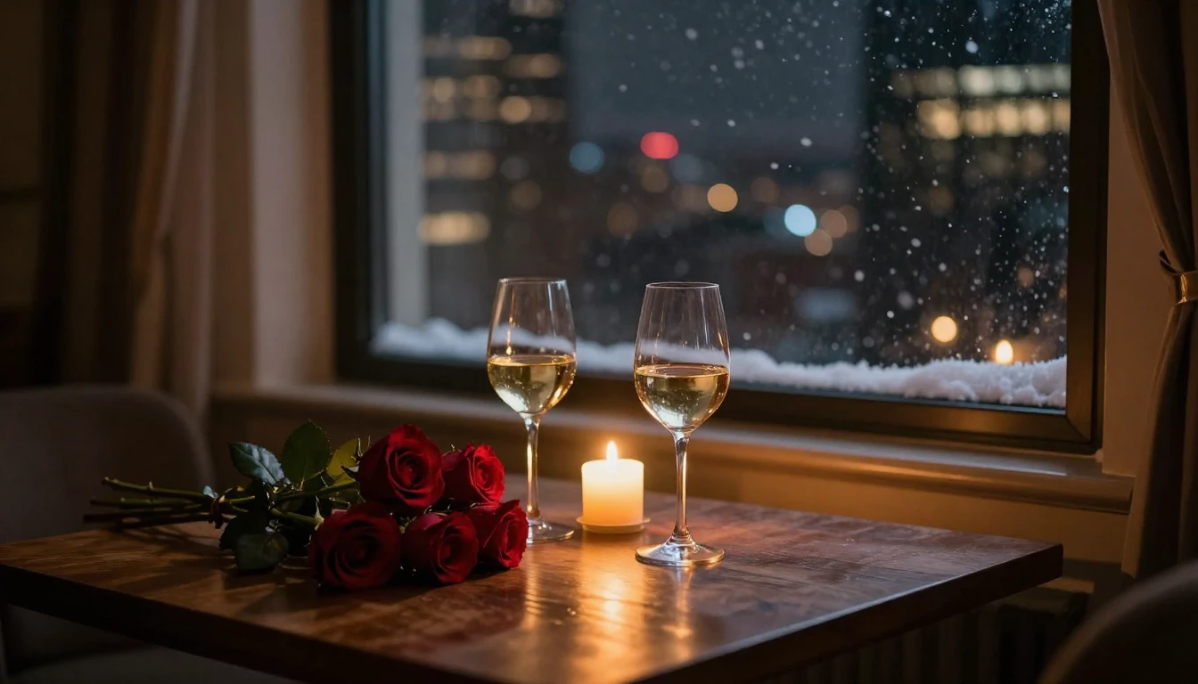 A cozy, dimly lit room with a large window overlooking a cit...