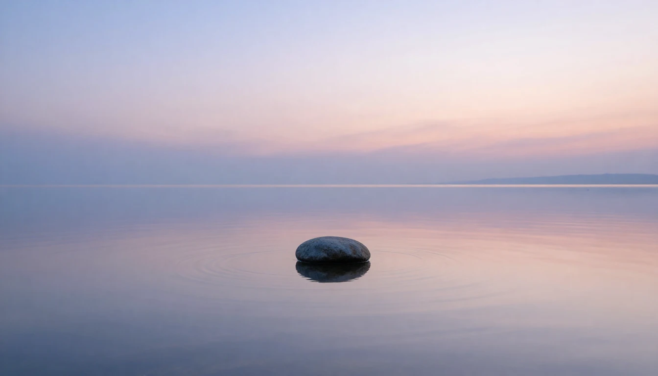 A serene and minimalist landscape featuring a calm, mirror-l...