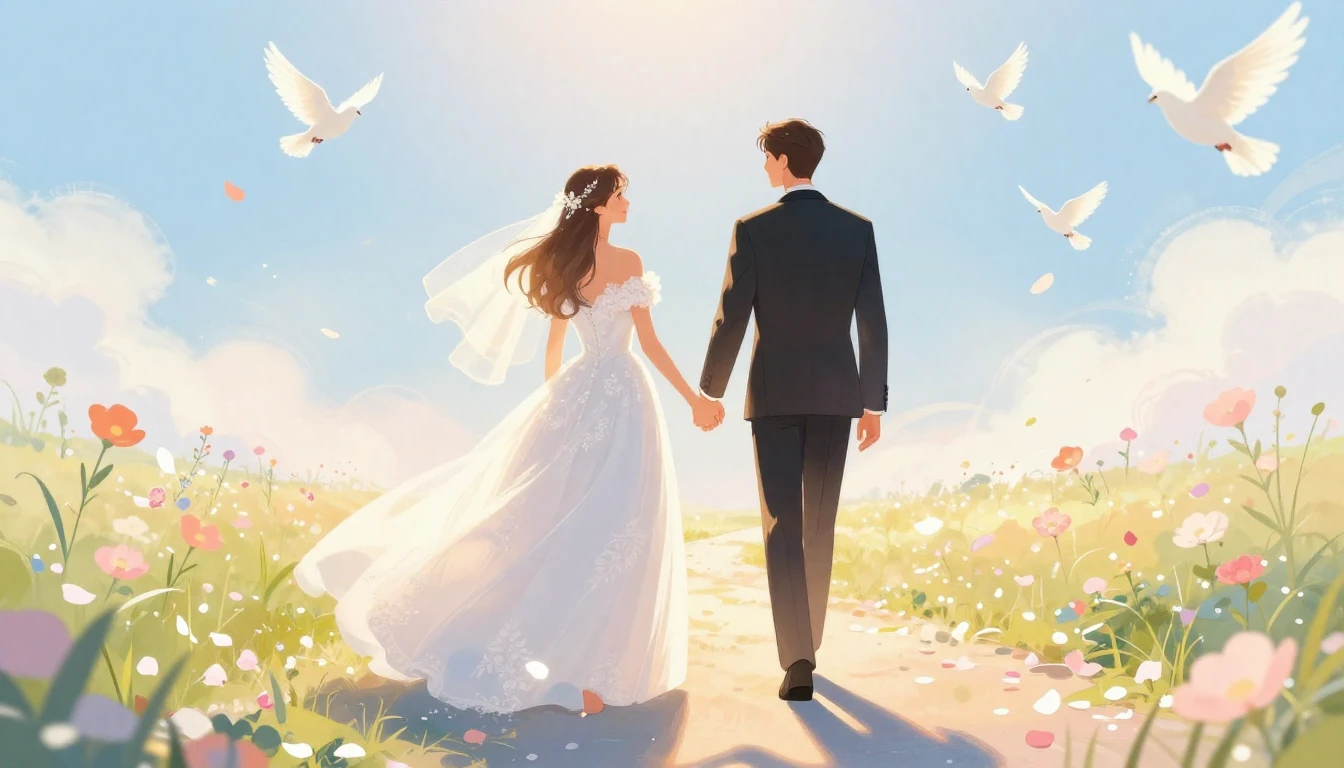 A romantic and dreamy illustration of a bride and groom hold...