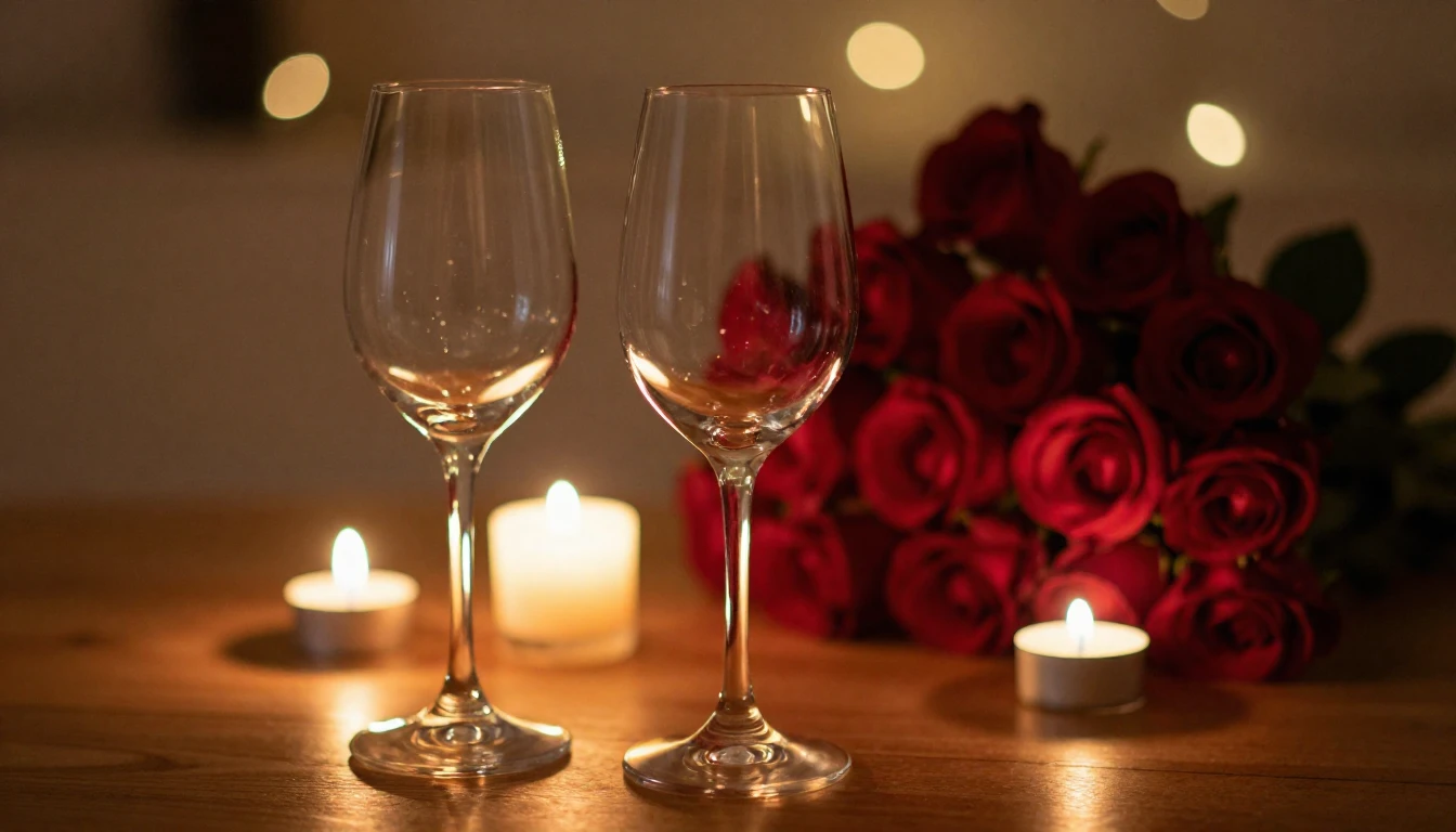 A close-up shot of two elegant wine glasses on a wooden tabl...