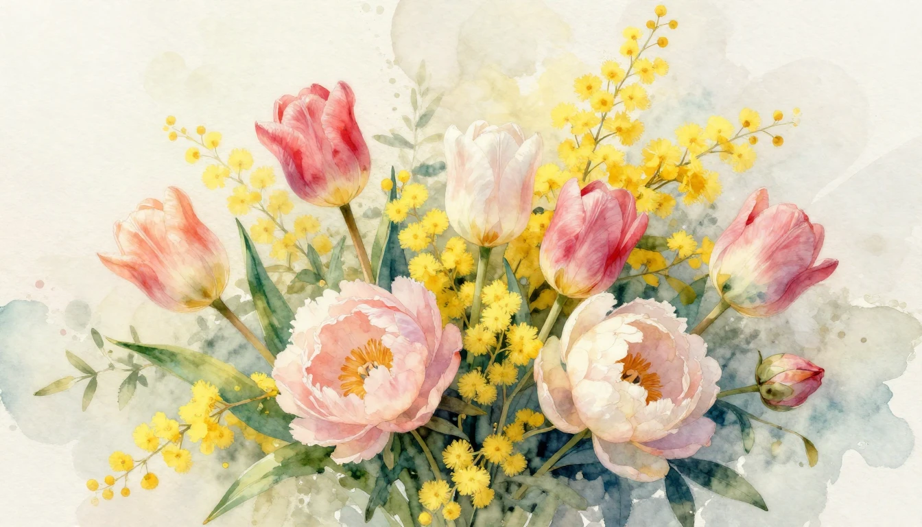 A beautiful and vibrant watercolor painting of a lush bouque...