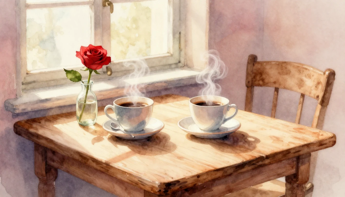 A soft and romantic watercolor painting depicting a cozy Val...