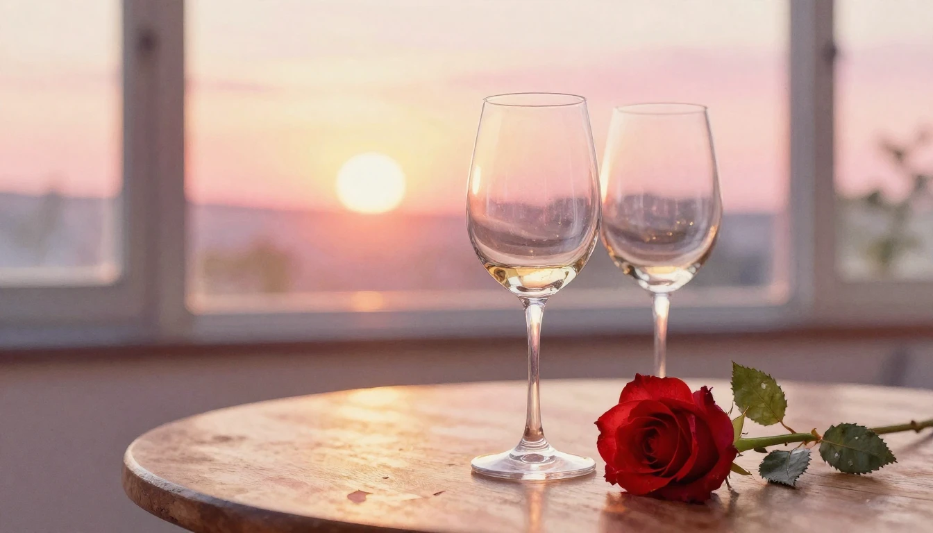 A soft watercolor painting of two elegant wine glasses sitti...