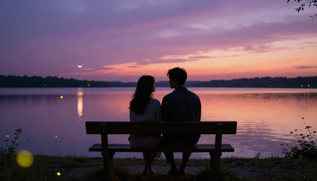 A romantic and atmospheric scene depicting two silhouettes s...