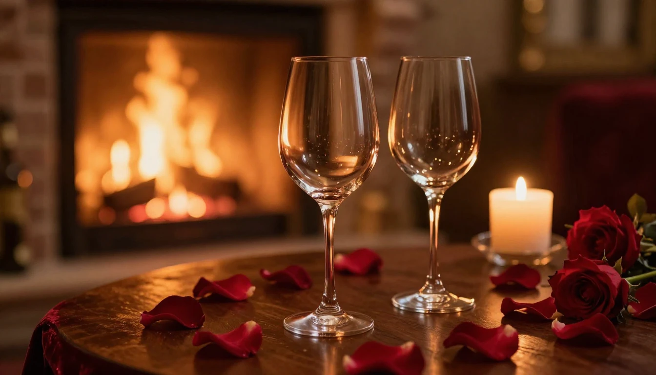 A lush and romantic scene featuring two elegant wine glasses...