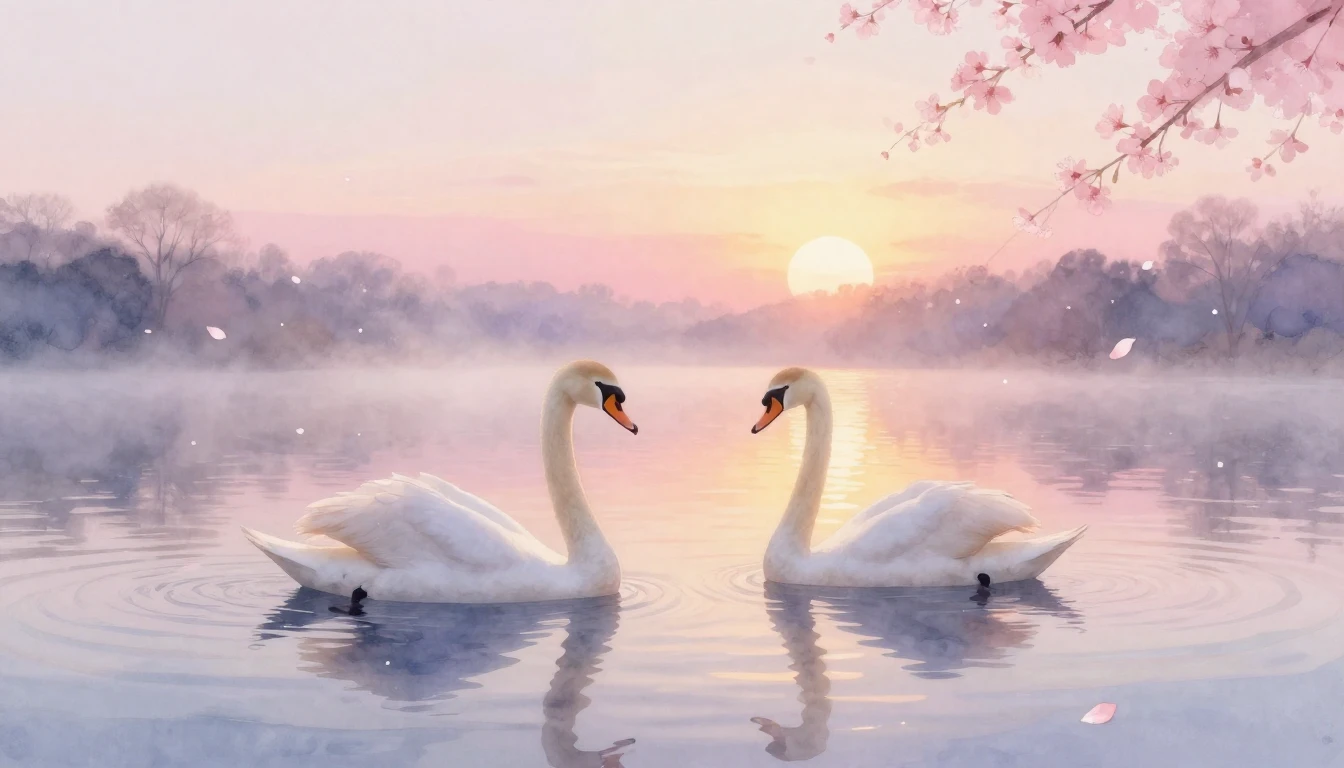 A dreamy watercolor painting of two elegant swans gliding on...