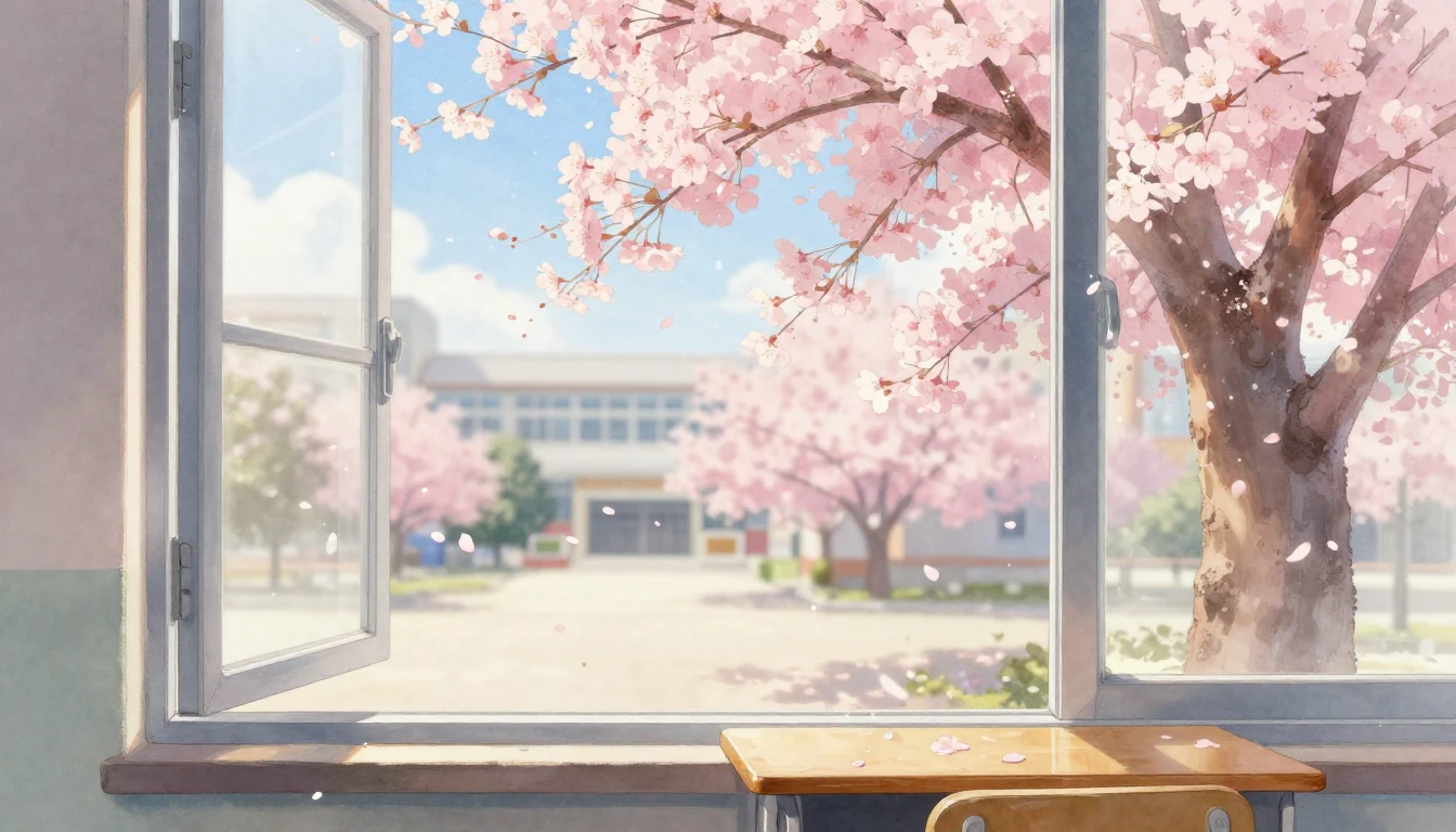 A serene watercolor painting of a cherry blossom tree in ful...