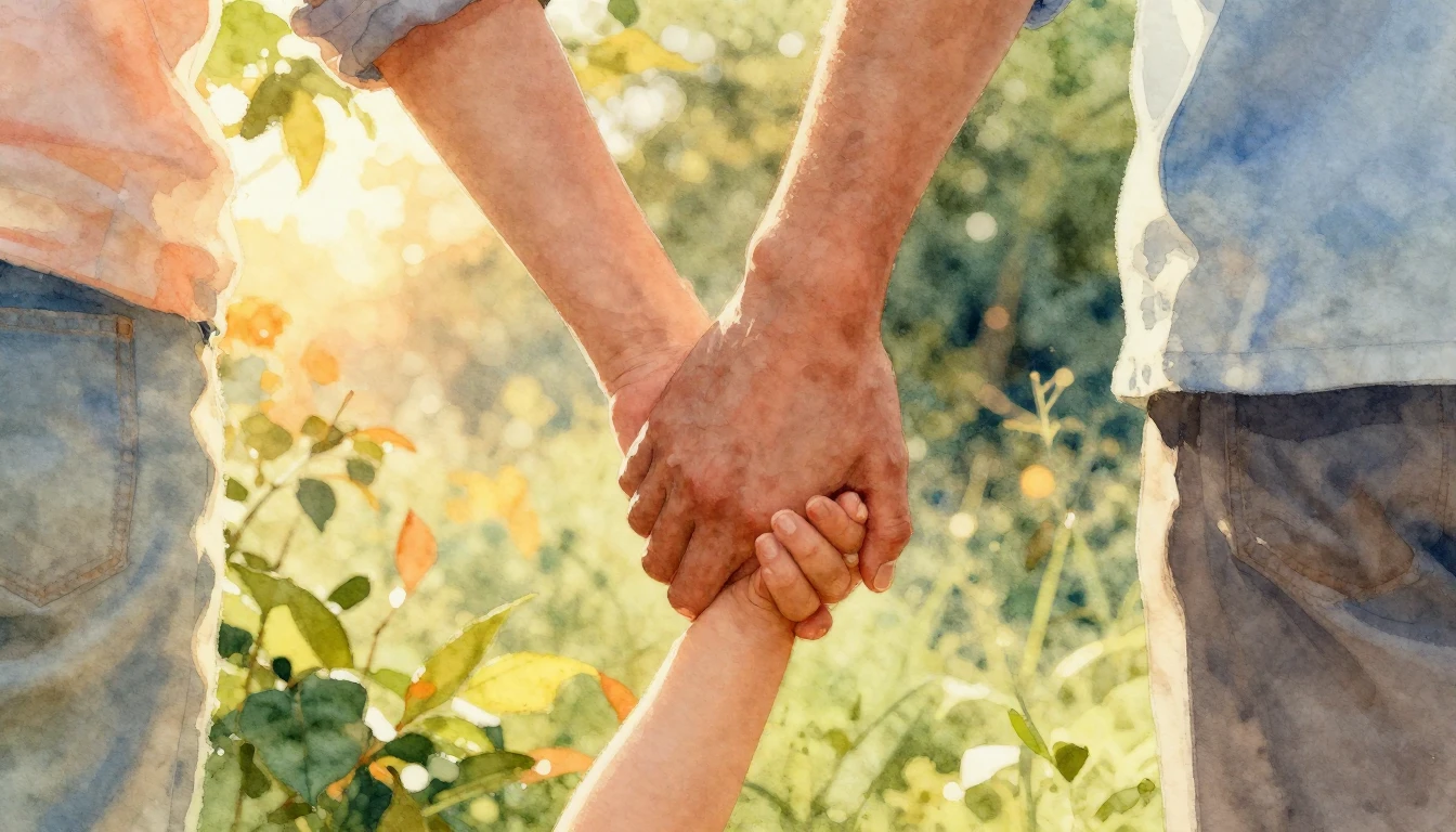 A heartwarming scene of a father's large hand gently holding...